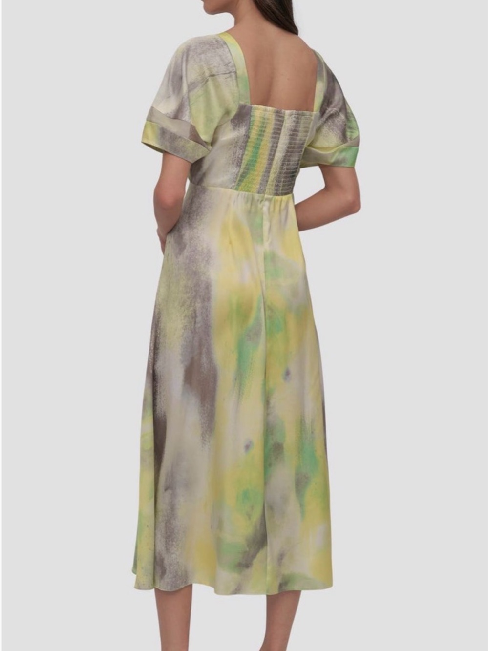 DKNY Printed Satin Midi Dress Watercolor Yellow Green Size Large NEW - Picture 5 of 12